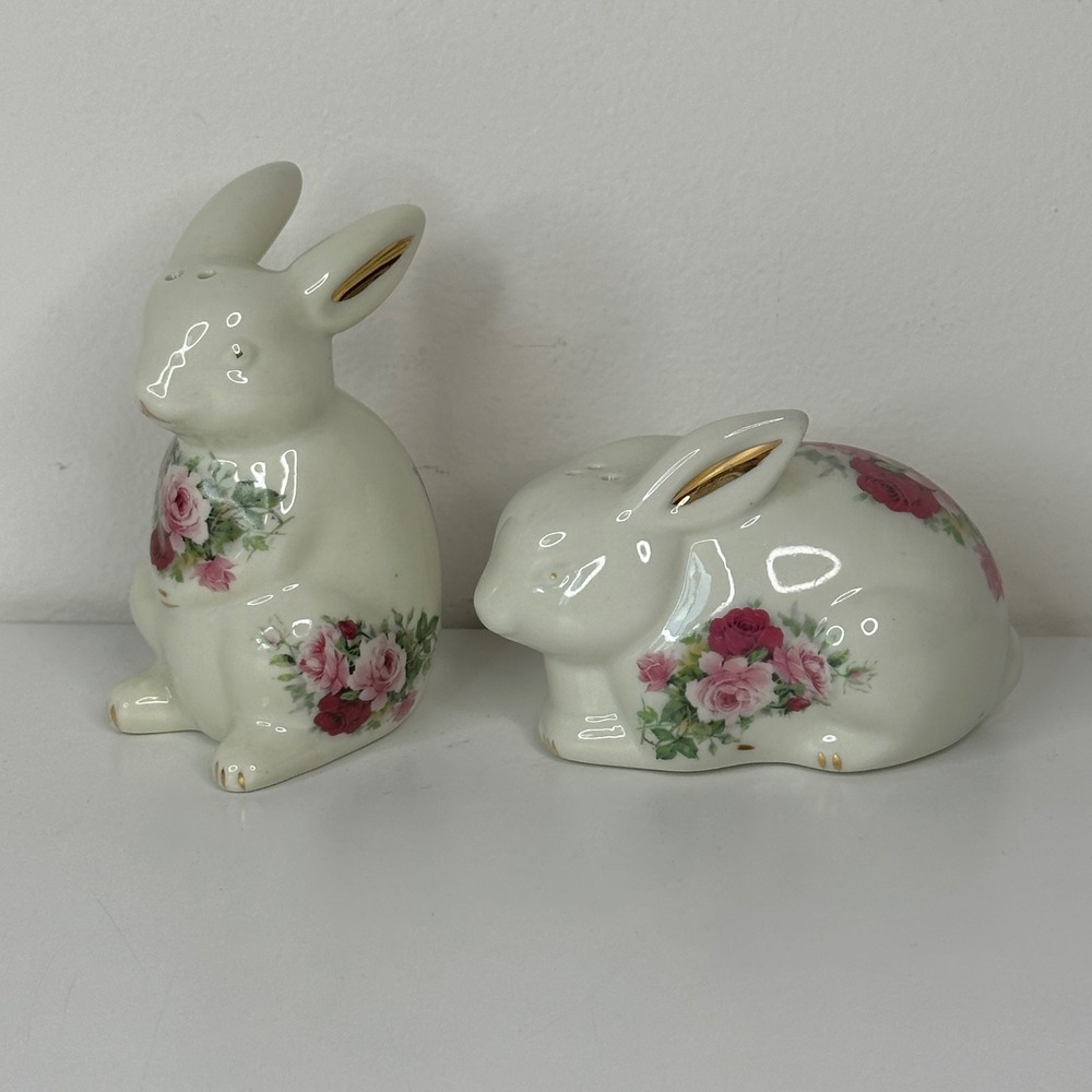 Formalities by Baum Bros Rose Chintz Bunny Rabbit Salt and Pepper Shakers Set